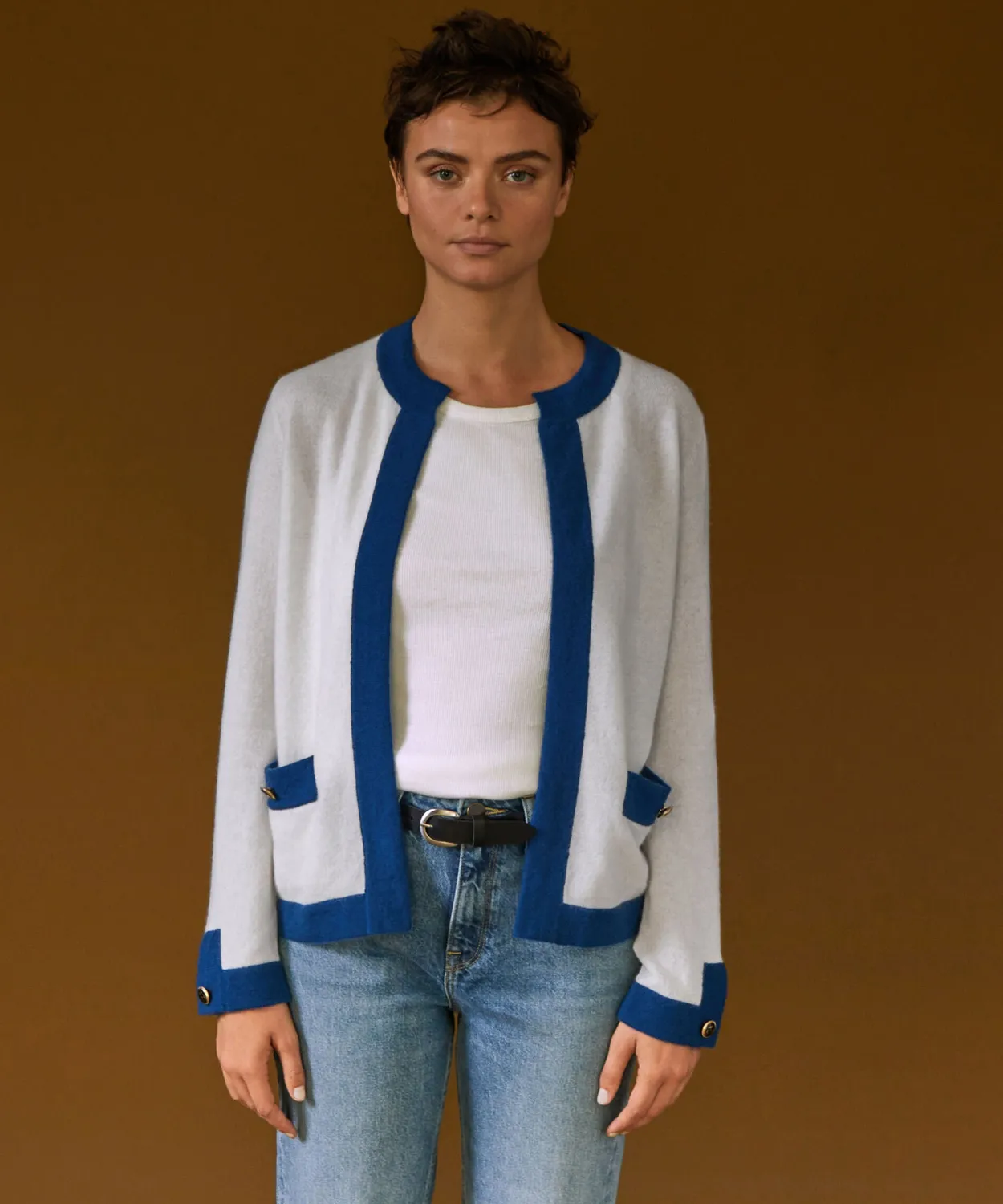 Rodier Cardigan Bicolore Cashmere Bianco 2 Fili Donna