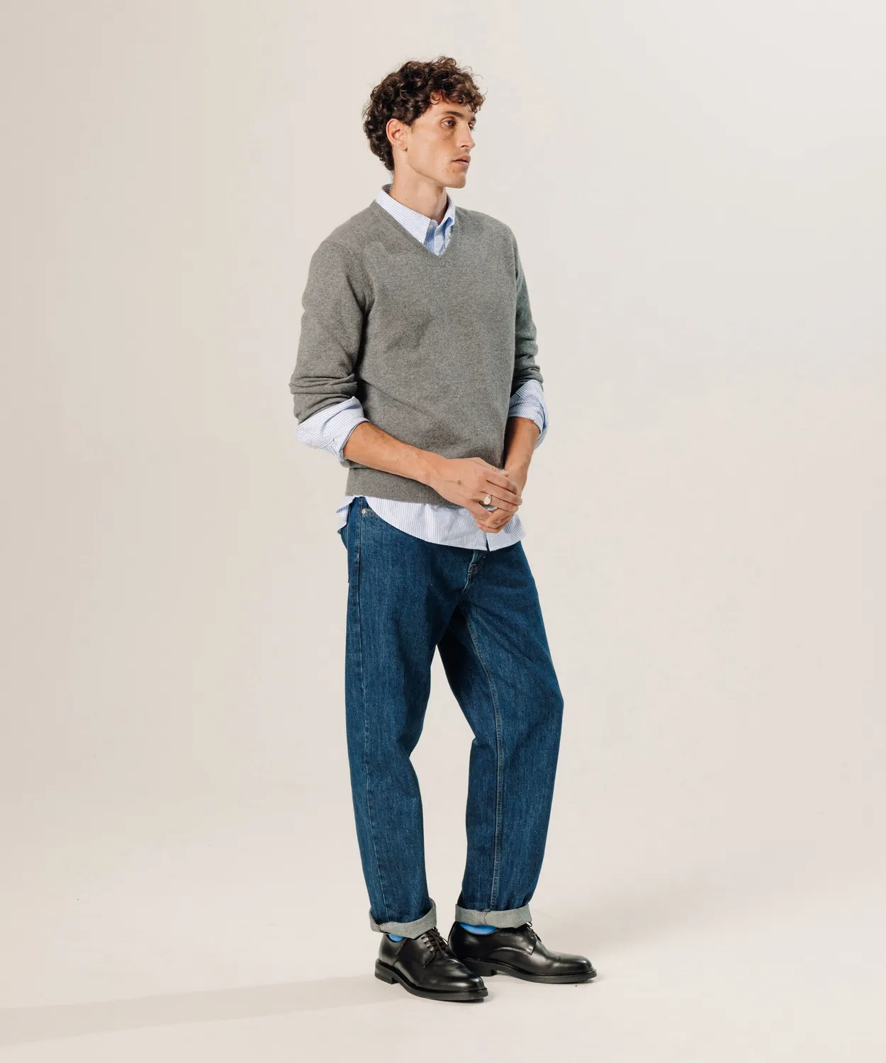 Rodier Maglione Scollo a V Cashmere Grigio Medio Uomo