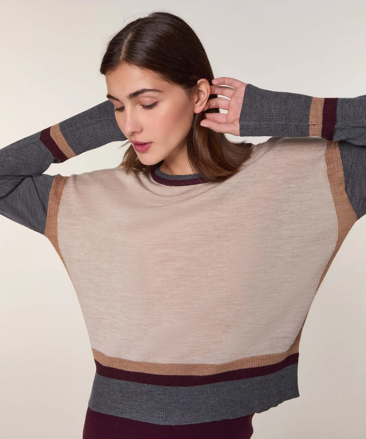 Rodier Maglia Girocollo Color Block Merino Bianco Ecru