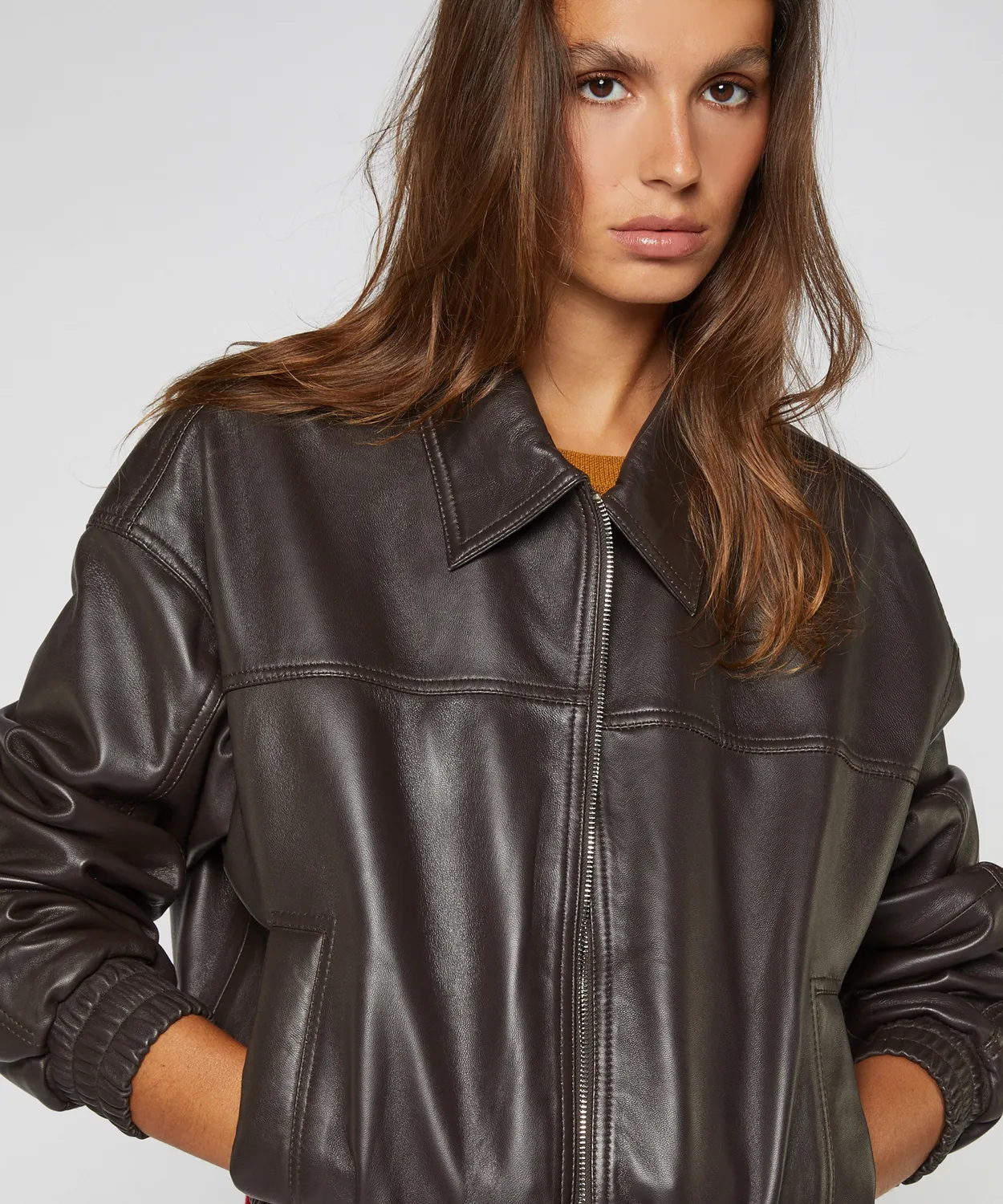 Rodier bomber pelle agnello bark brown oversize zip