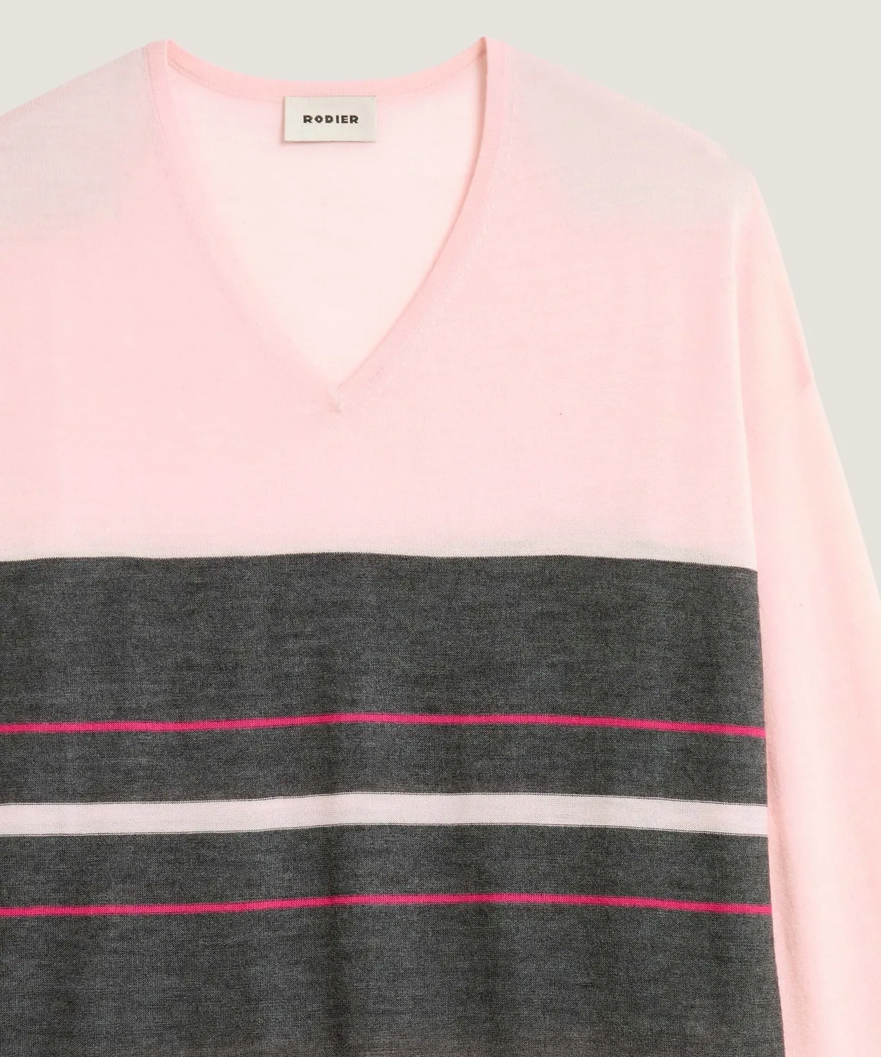 Rodier maglione scollo V righe merino rosa perla