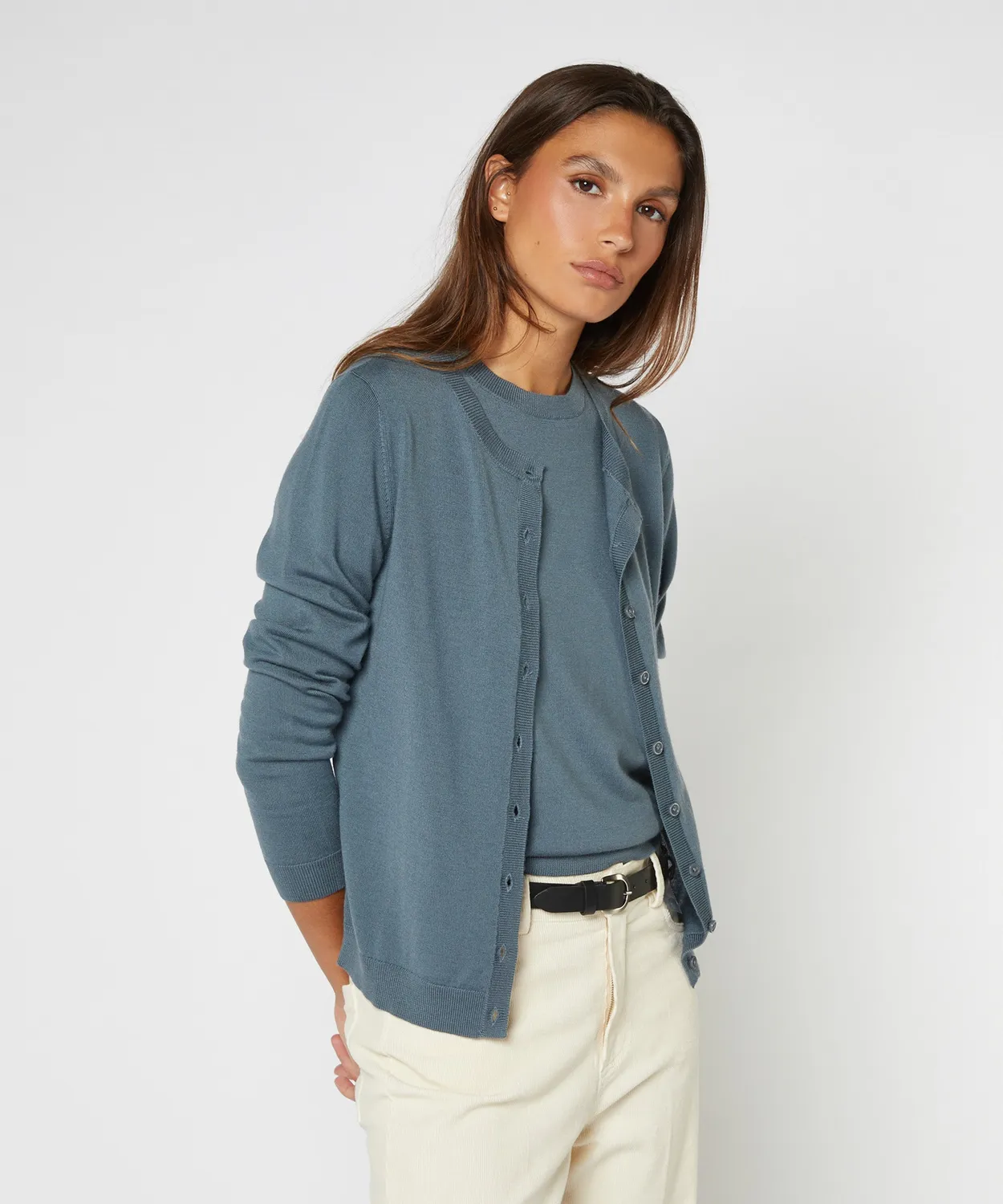 Rodier twin set lana merino blu grigio girocollo