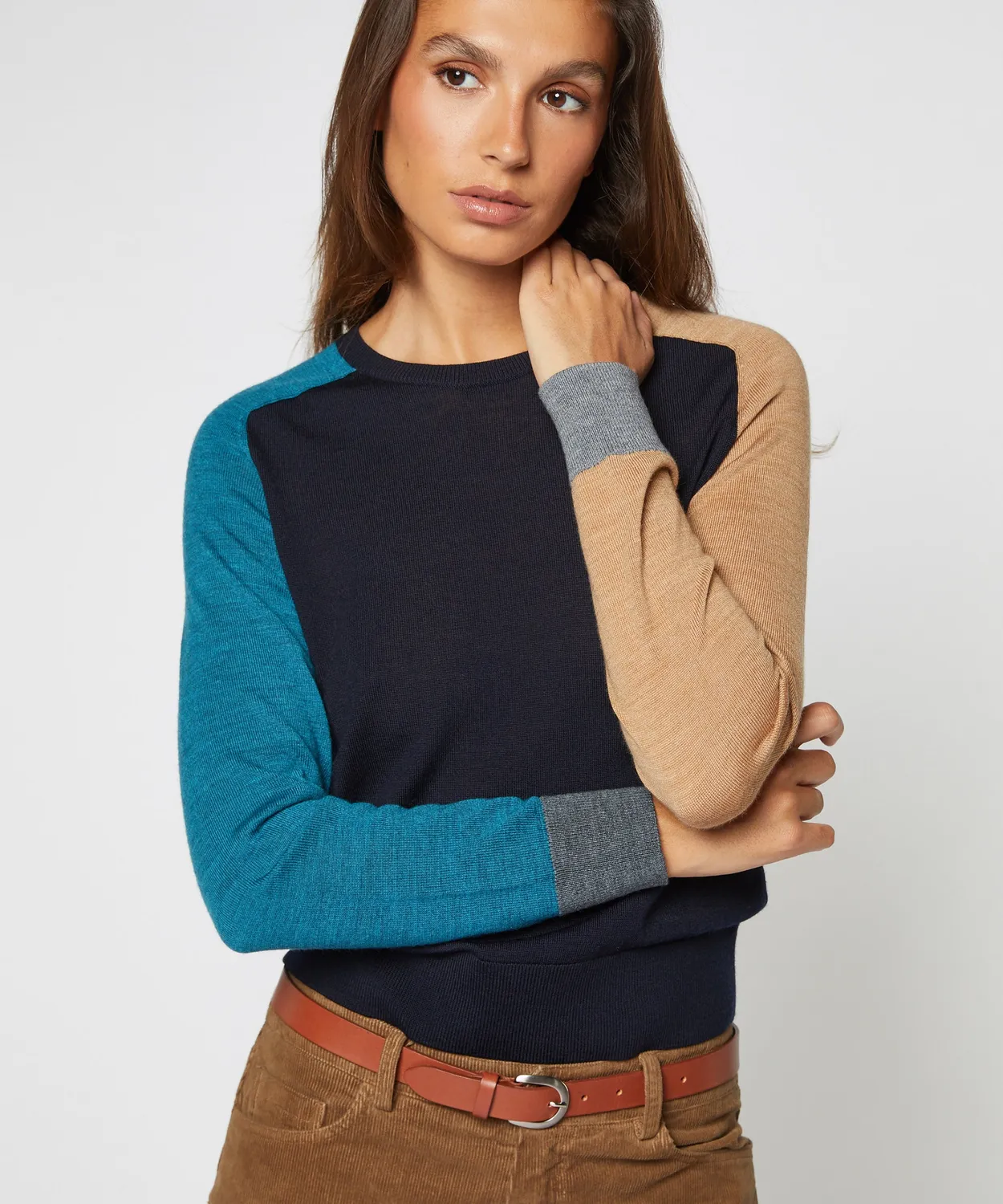 Rodier Color Block maglione girocollo blu marino lana merino