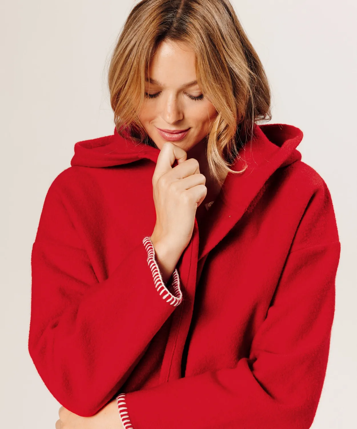 Rodier Cappotto Lana Cotta con Cappuccio Rosso