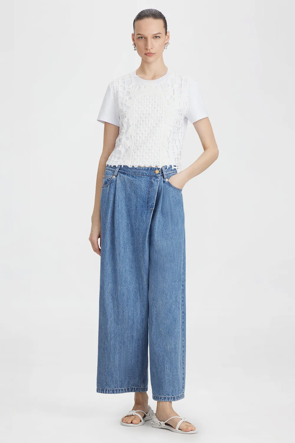 PORTS PW226KKC05-XCD035 t-shirt bianca overlay traforato