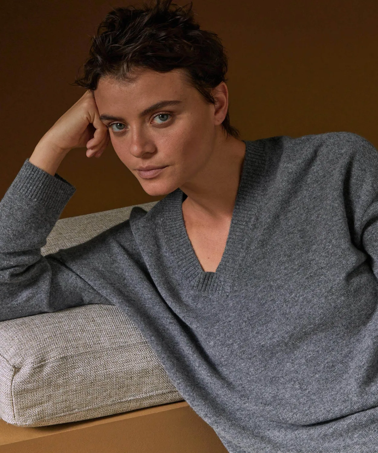 Rodier Maglione oversize scollo V cashmere grigio medio M