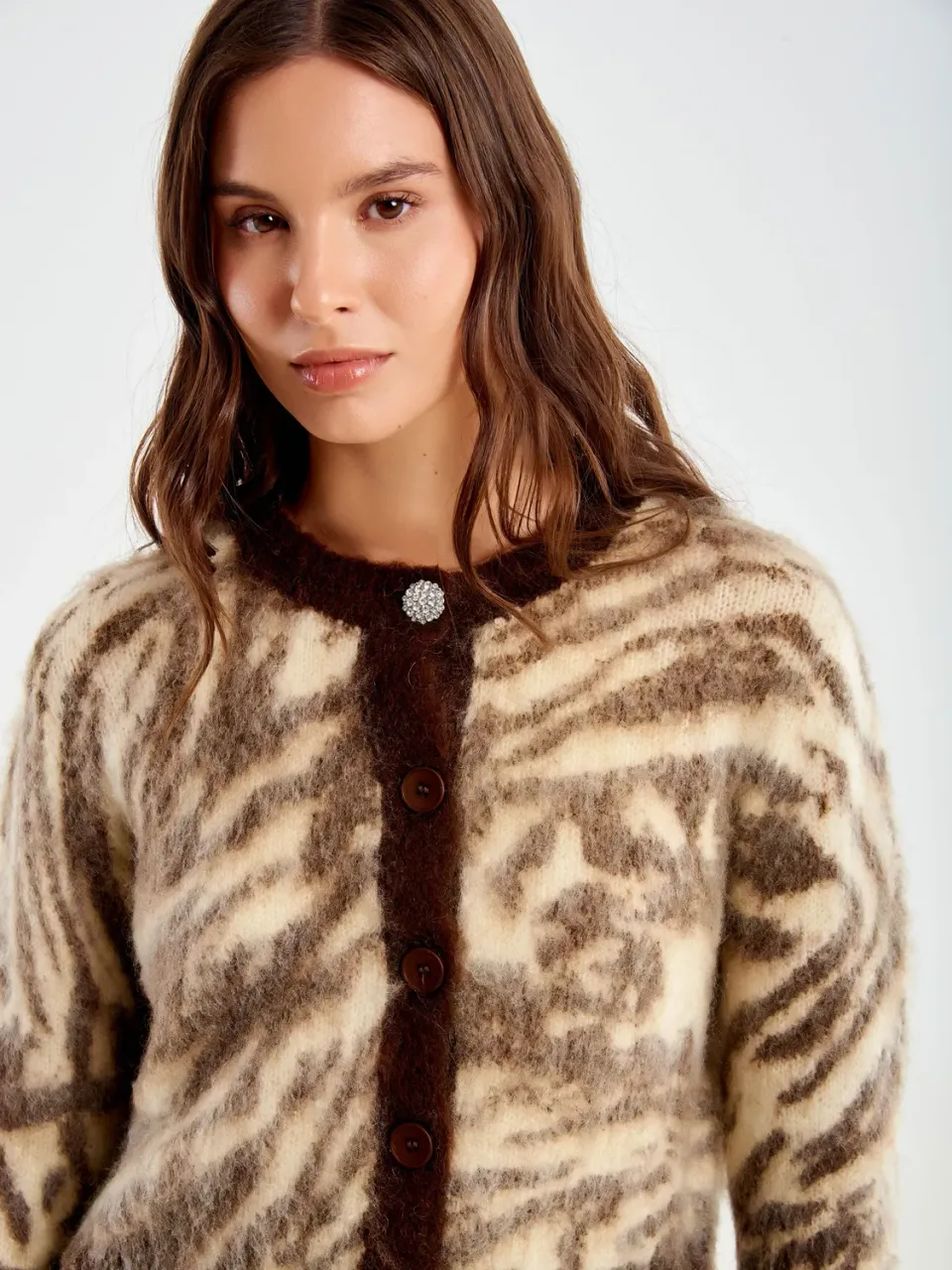 Vicolo Cardigan Zebrato Bottone Gioiello Beige Unica