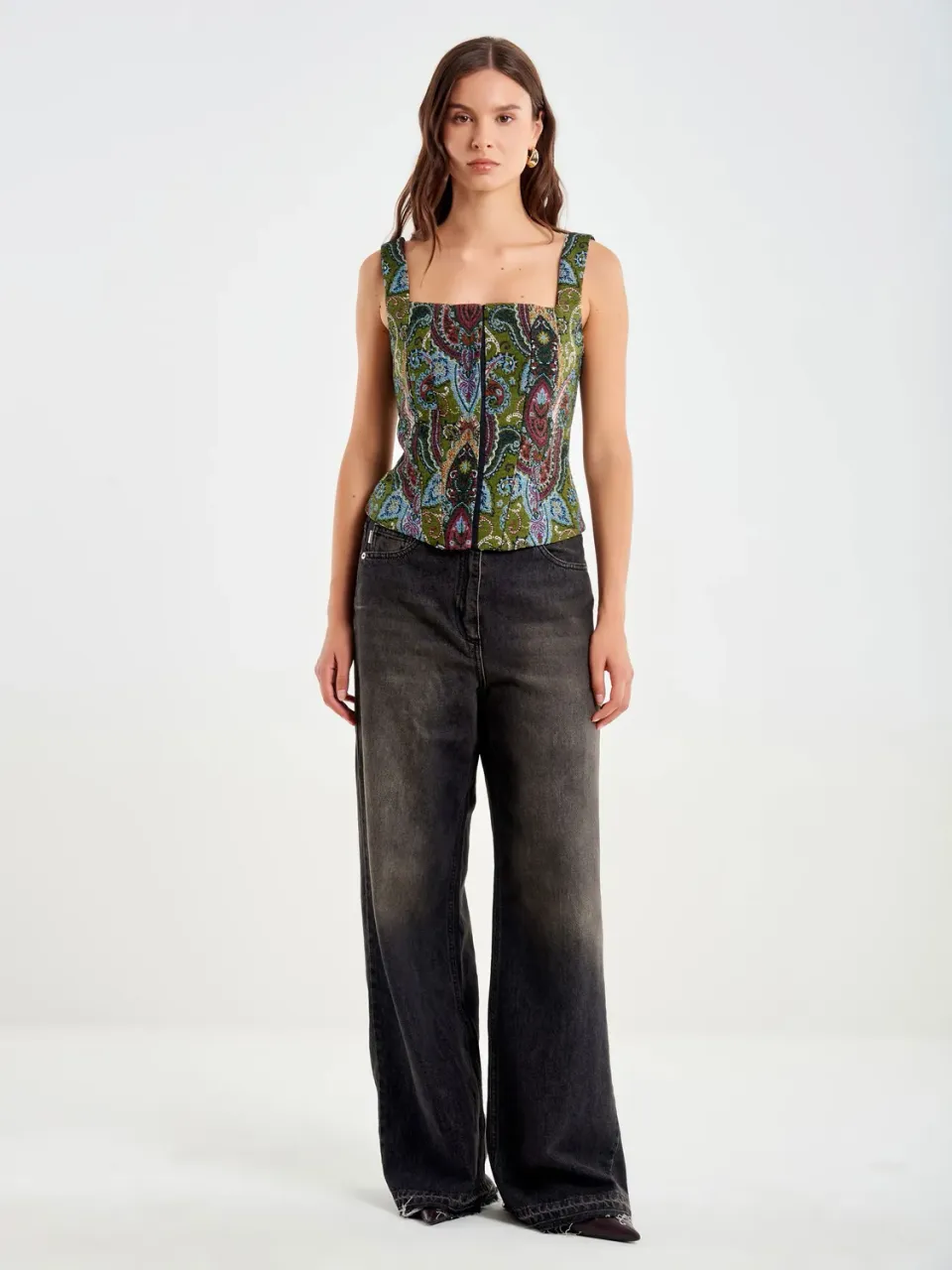 Vicolo corsetto jacquard top militare scollo quadrato