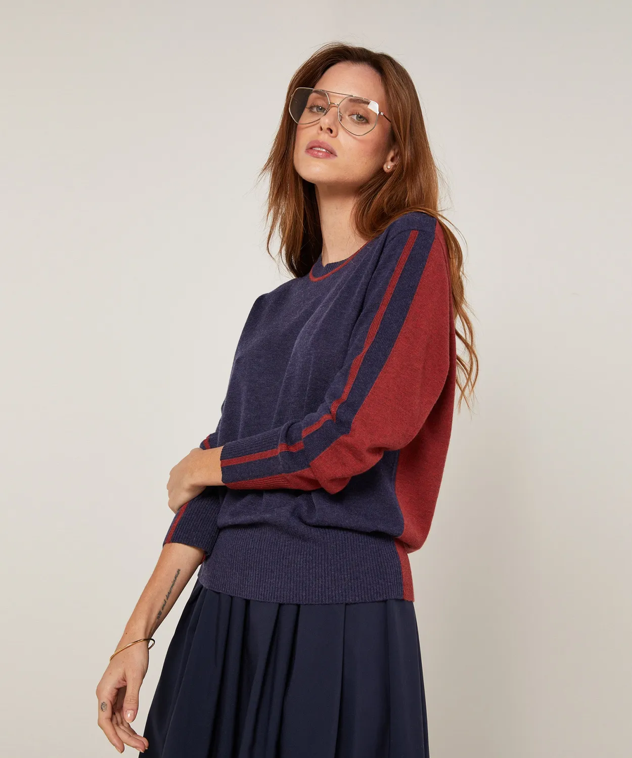 Rodier Maglione Girocollo Bicolore Denim Blue