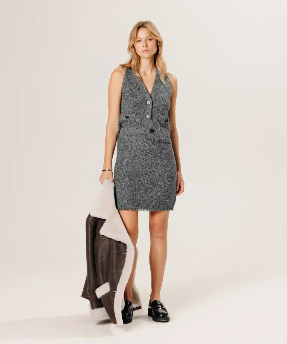 Rodier Gonna Corta Lana Cashmere Grigio Chine