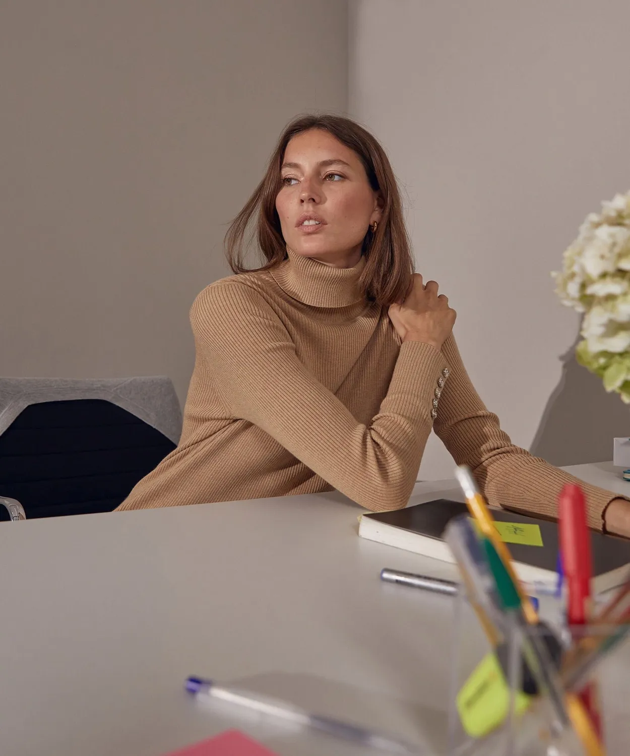 Rodier Abito in maglia mocha collo alto coste midi