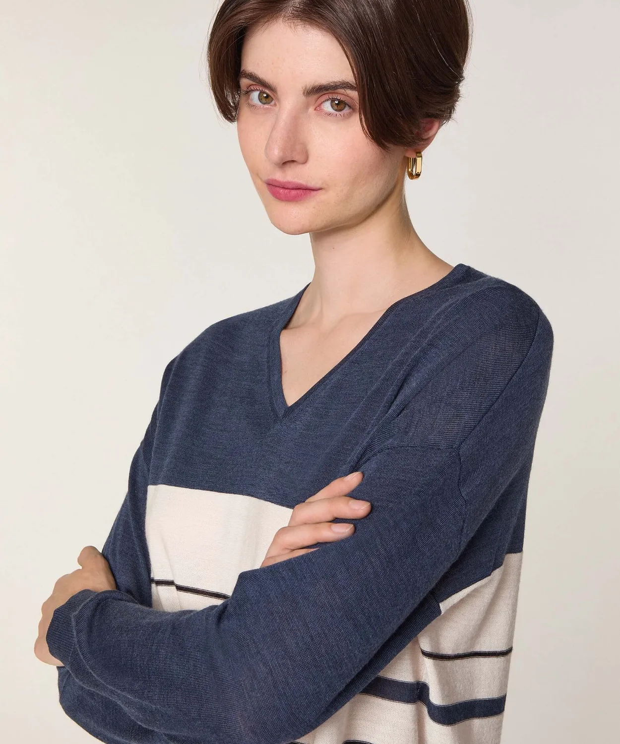 Rodier Maglia Scollo a V Righe Merino Donna Denim Blue