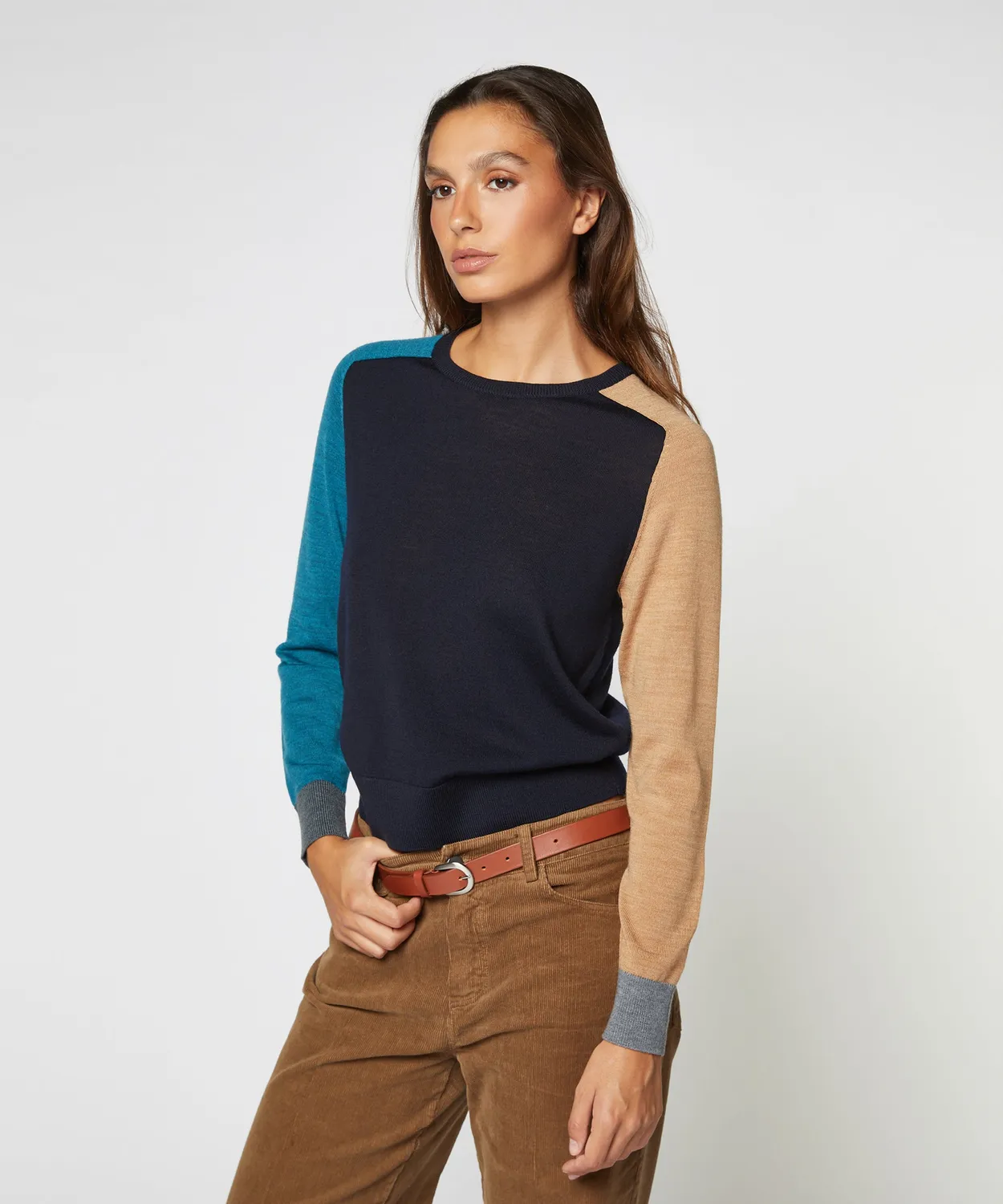 Rodier Color Block maglione girocollo blu marino lana merino