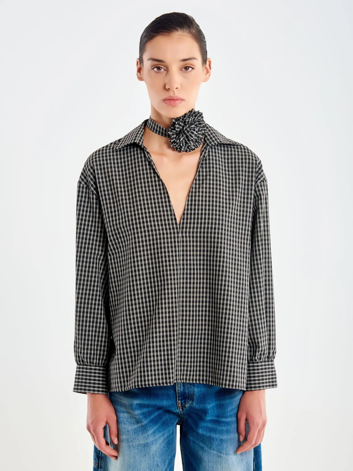 Vicolo Camicia Check con Choker Fiore Nera Cotone