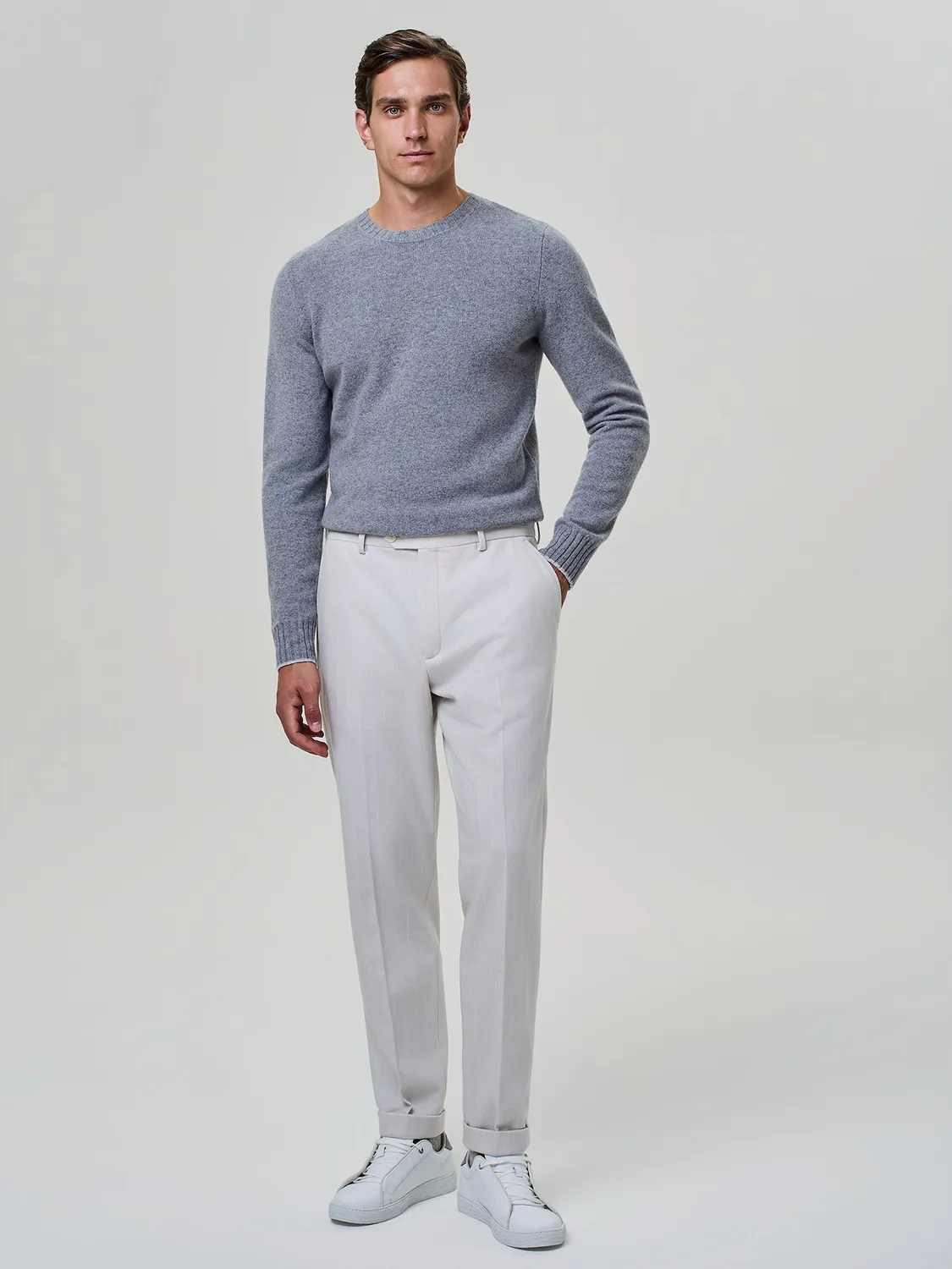 Paul Taylor pantalone wide fit jersey lana gessato burro