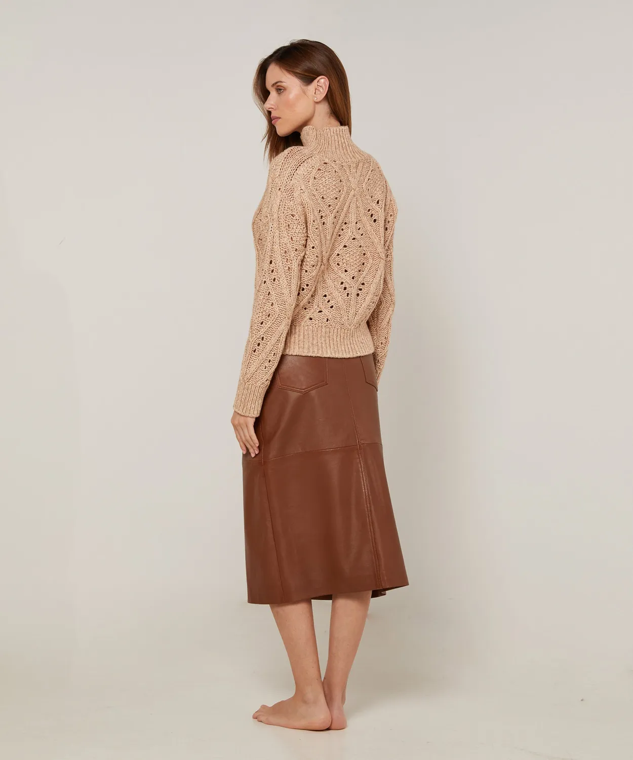 Rodier Maglia Collo Alto Traforato Cotone Lana Beige Ficelle