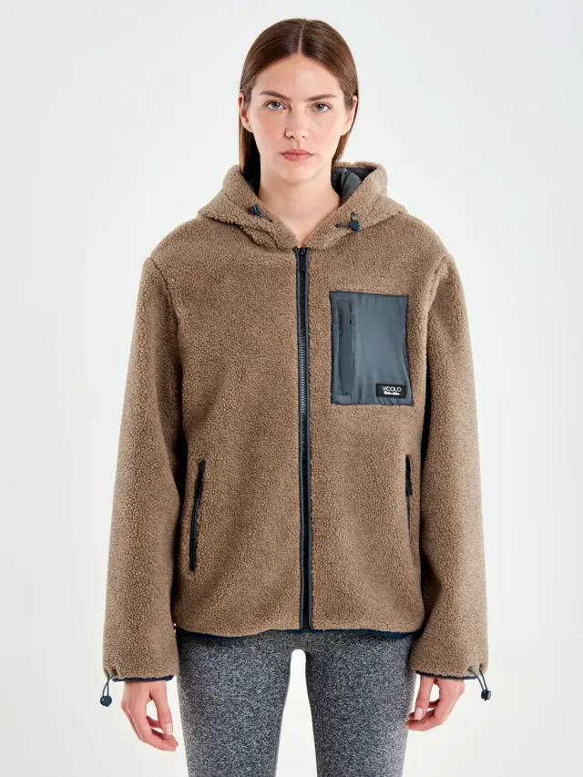 Vicolo Tessuto Teddy con Taschino giacca tortora cappuccio