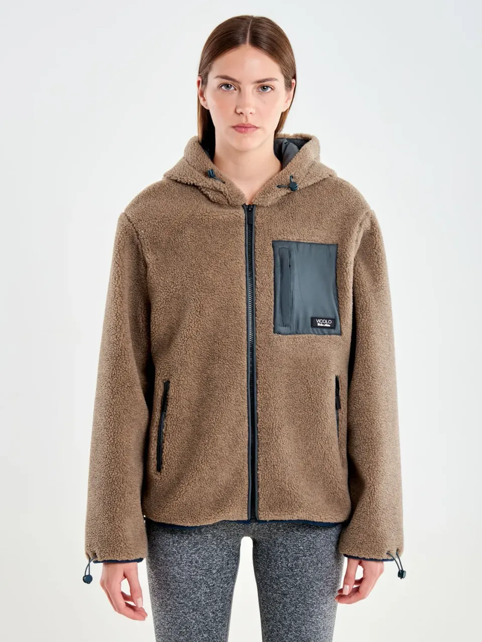 Vicolo Tessuto Teddy con Taschino giacca tortora cappuccio