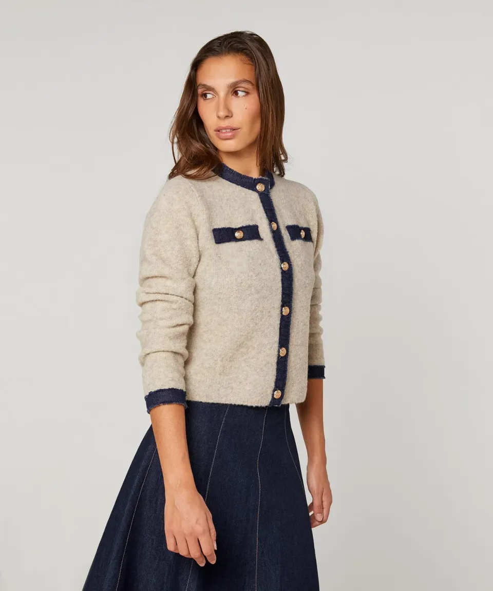 Rodier cardigan bimateriale lana donna beige melange