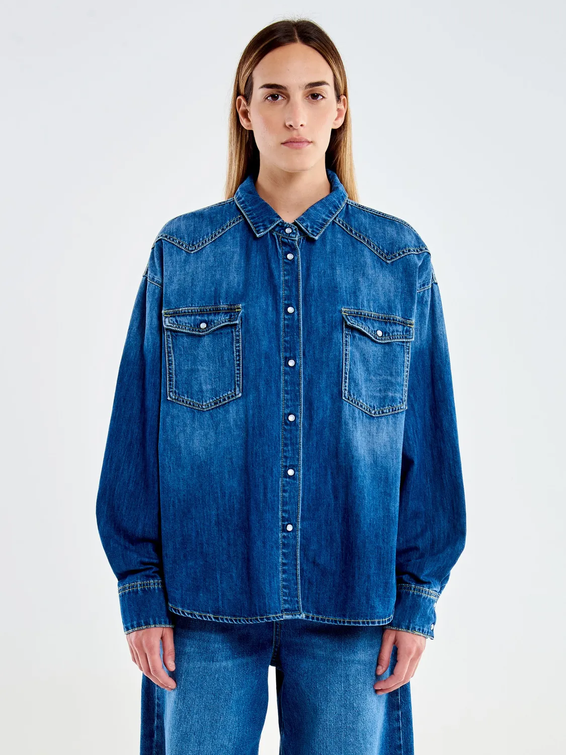 Vicolo Camicia Denim Blu in Lyocell