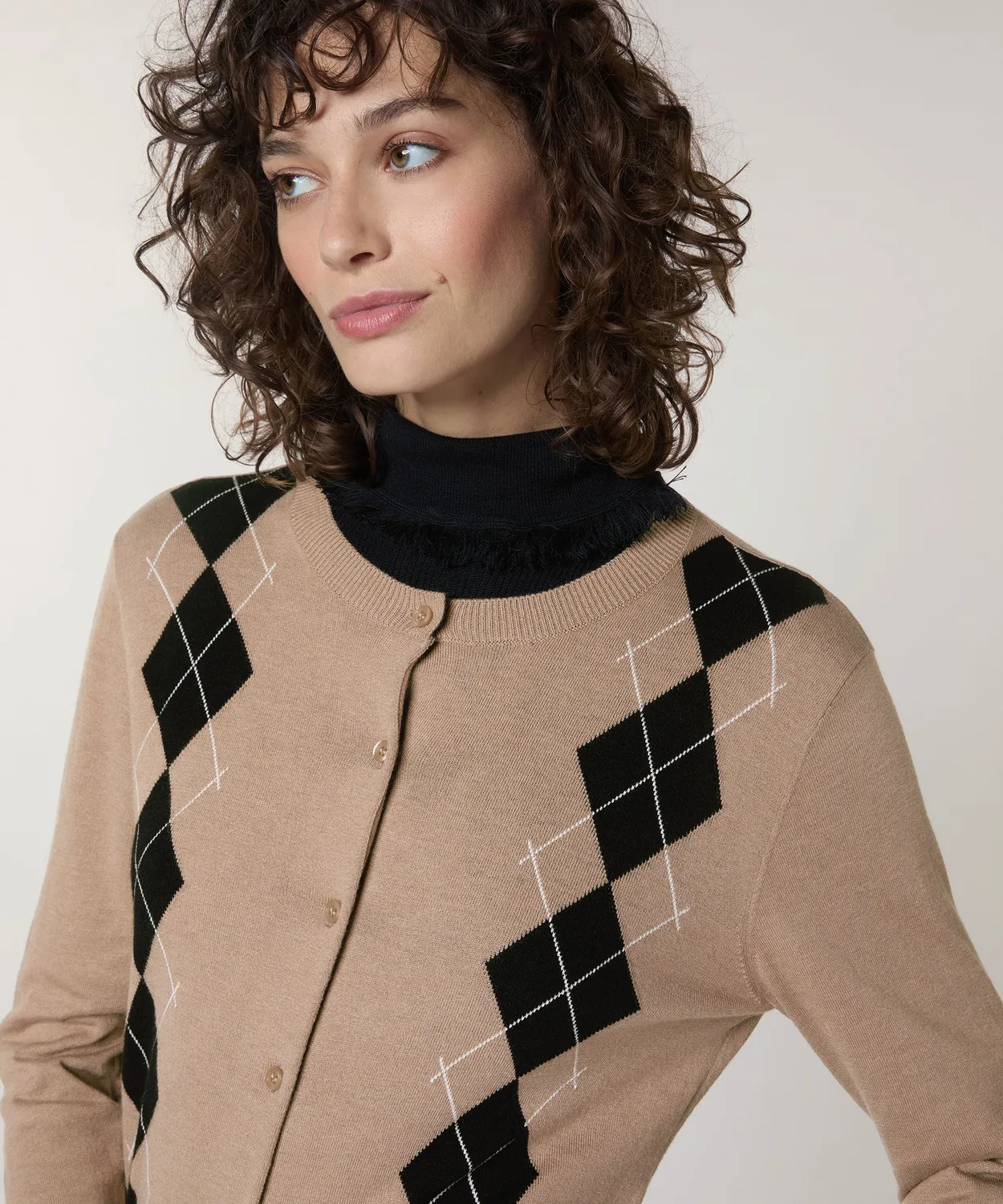 Rodier cardigan jacquard rombi maglia fine marrone moka