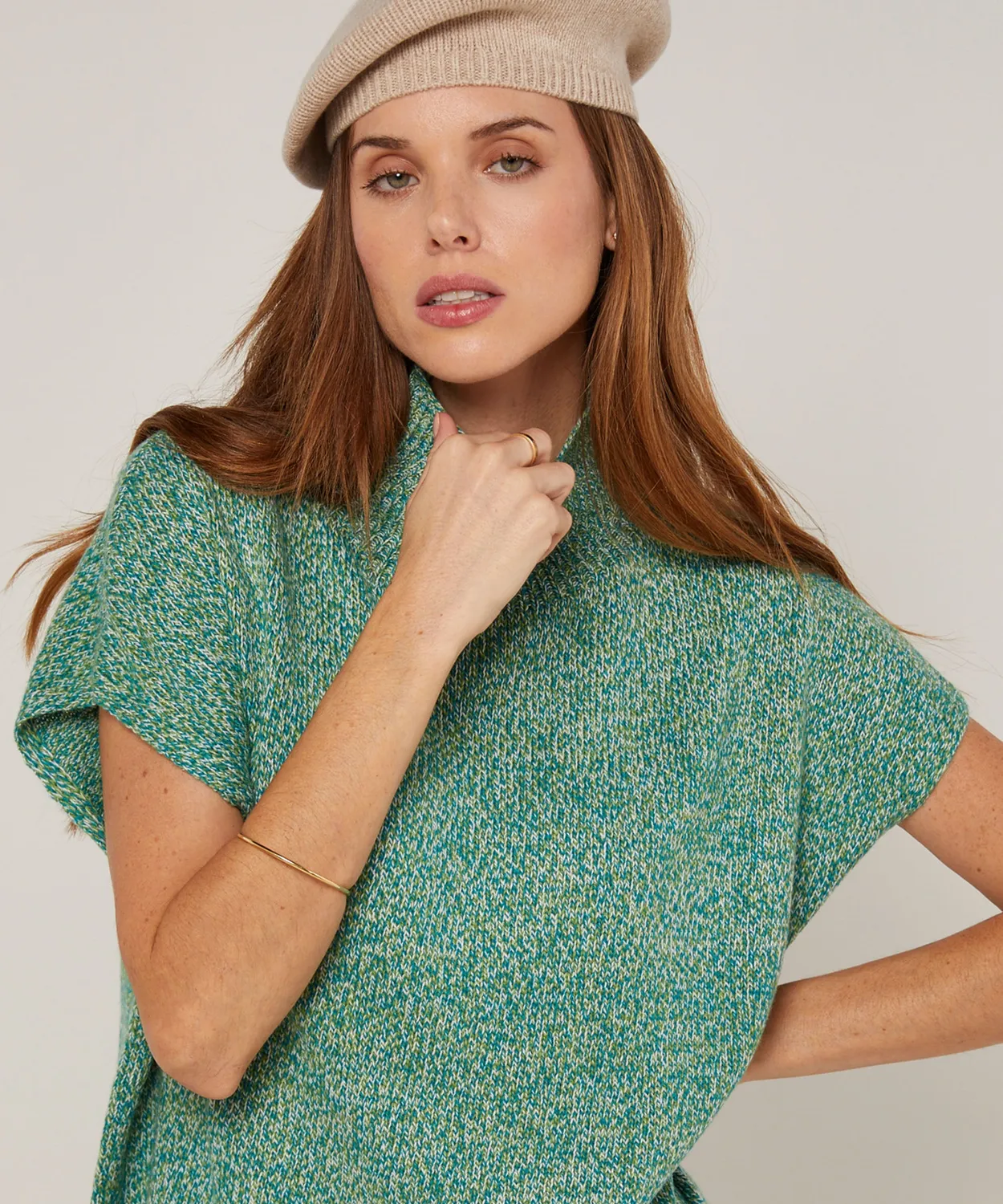 Rodier maglione collo alto maniche corte verde