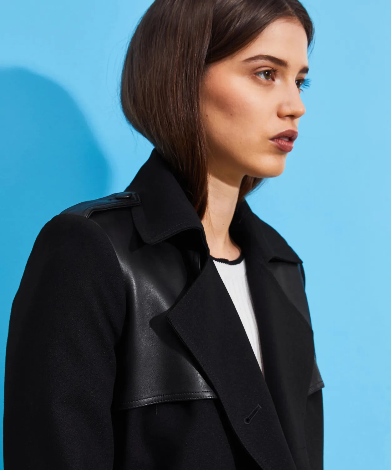 Rodier Trench bimateriale in pelle nero al ginocchio
