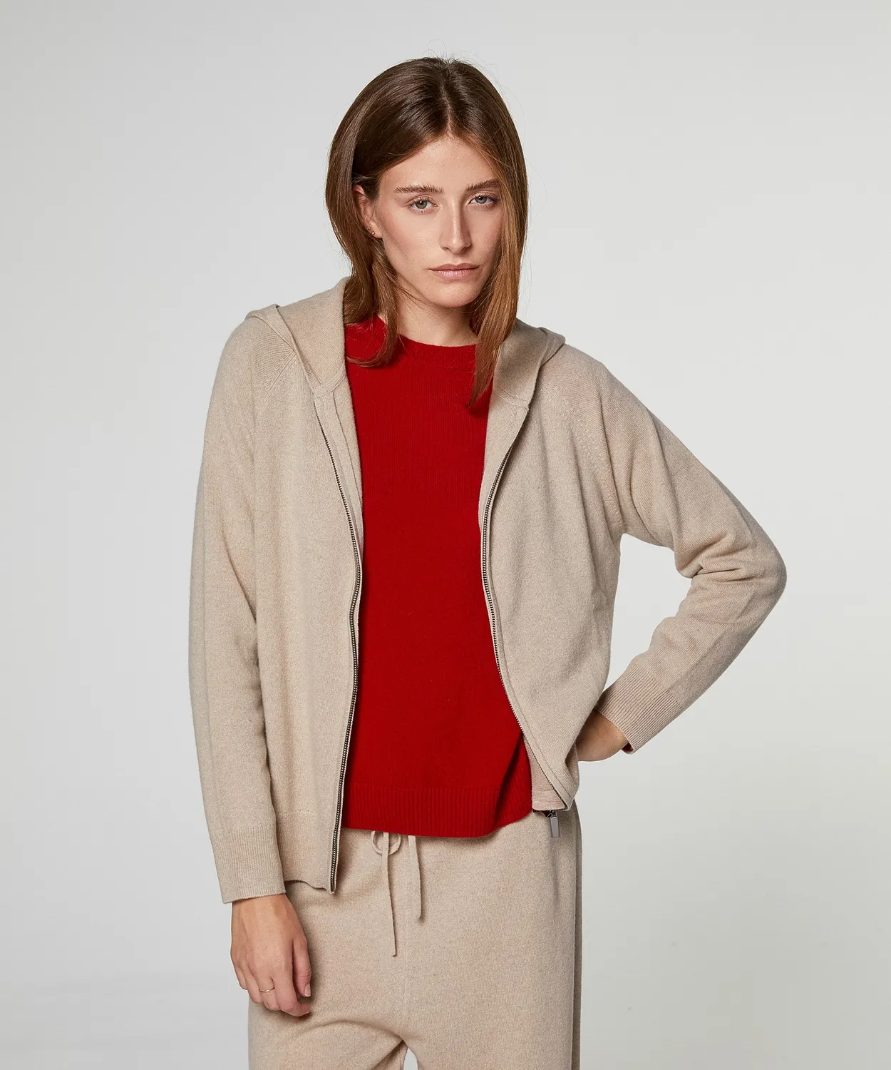 Rodier Giacca Cashmere Cappuccio Beige zip lunga