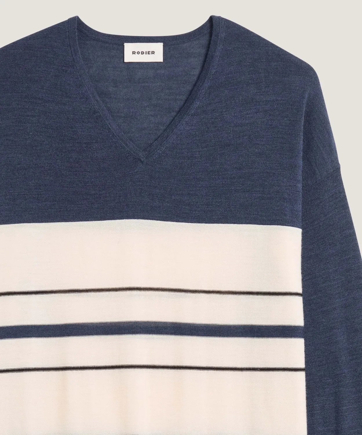 Rodier Maglia Scollo a V Righe Merino Donna Denim Blue