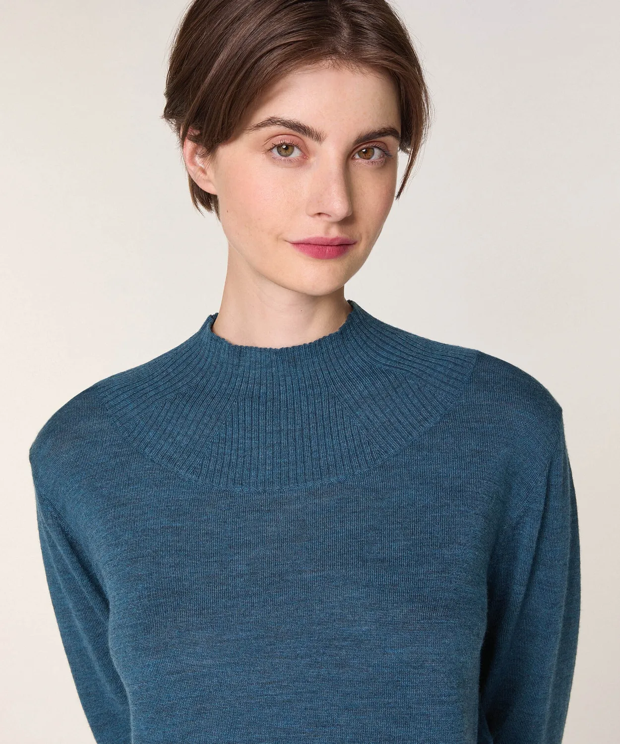 Rodier maglione collo alto donna lana merino blu denim