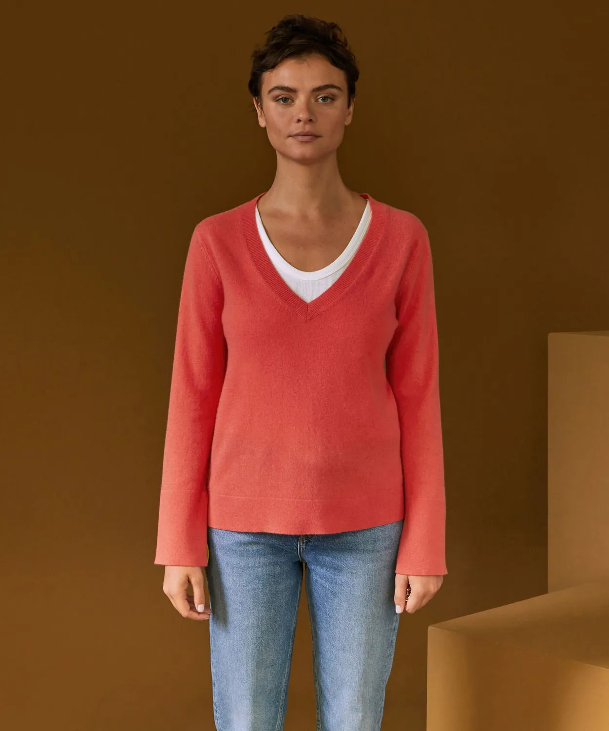 Rodier maglione scollo V cashmere arancione corallo