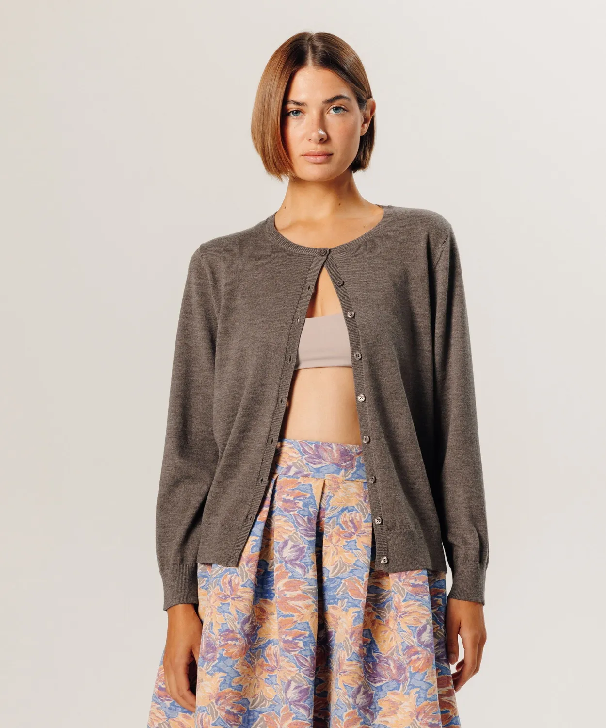 Rodier cardigan lana merino girocollo marrone tortora