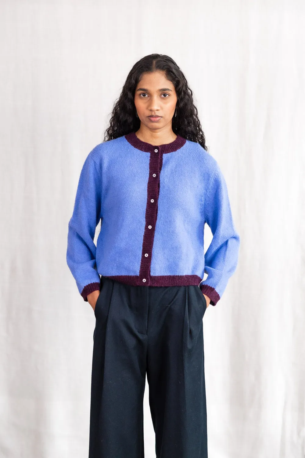 Jyoti Sullana cardigan baby alpaca azzurro colorblock