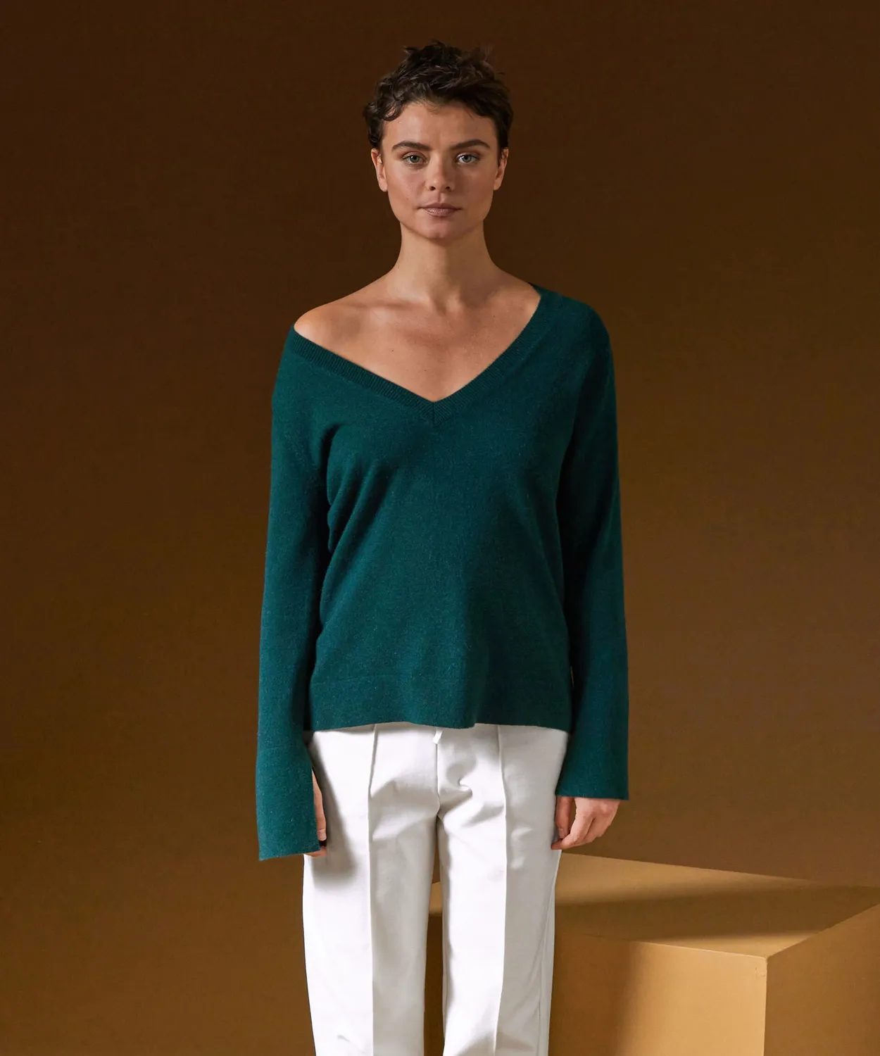 Rodier Maglione cashmere verde anatra scollo V