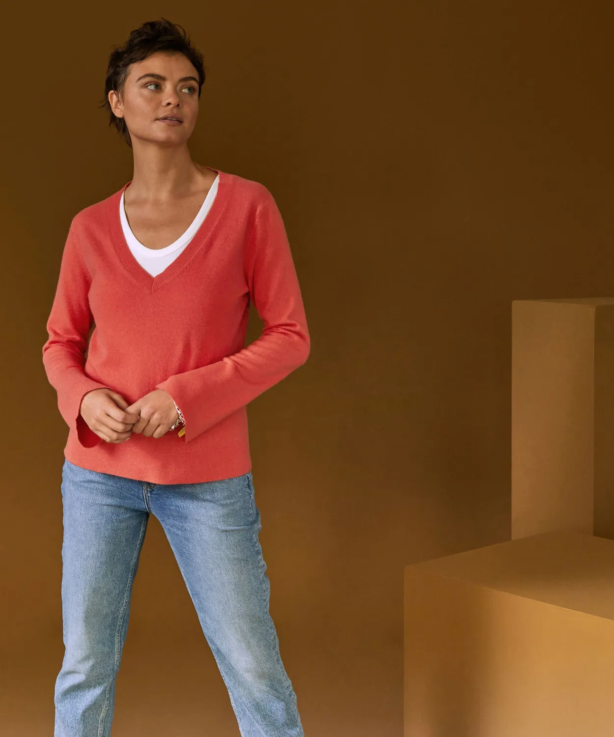 Rodier maglione scollo V cashmere arancione corallo