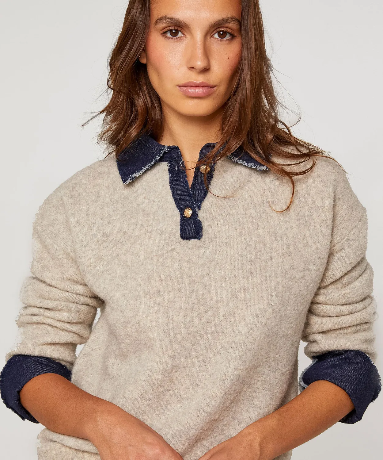 Rodier Maglione Polo Bimateriale Beige Melange