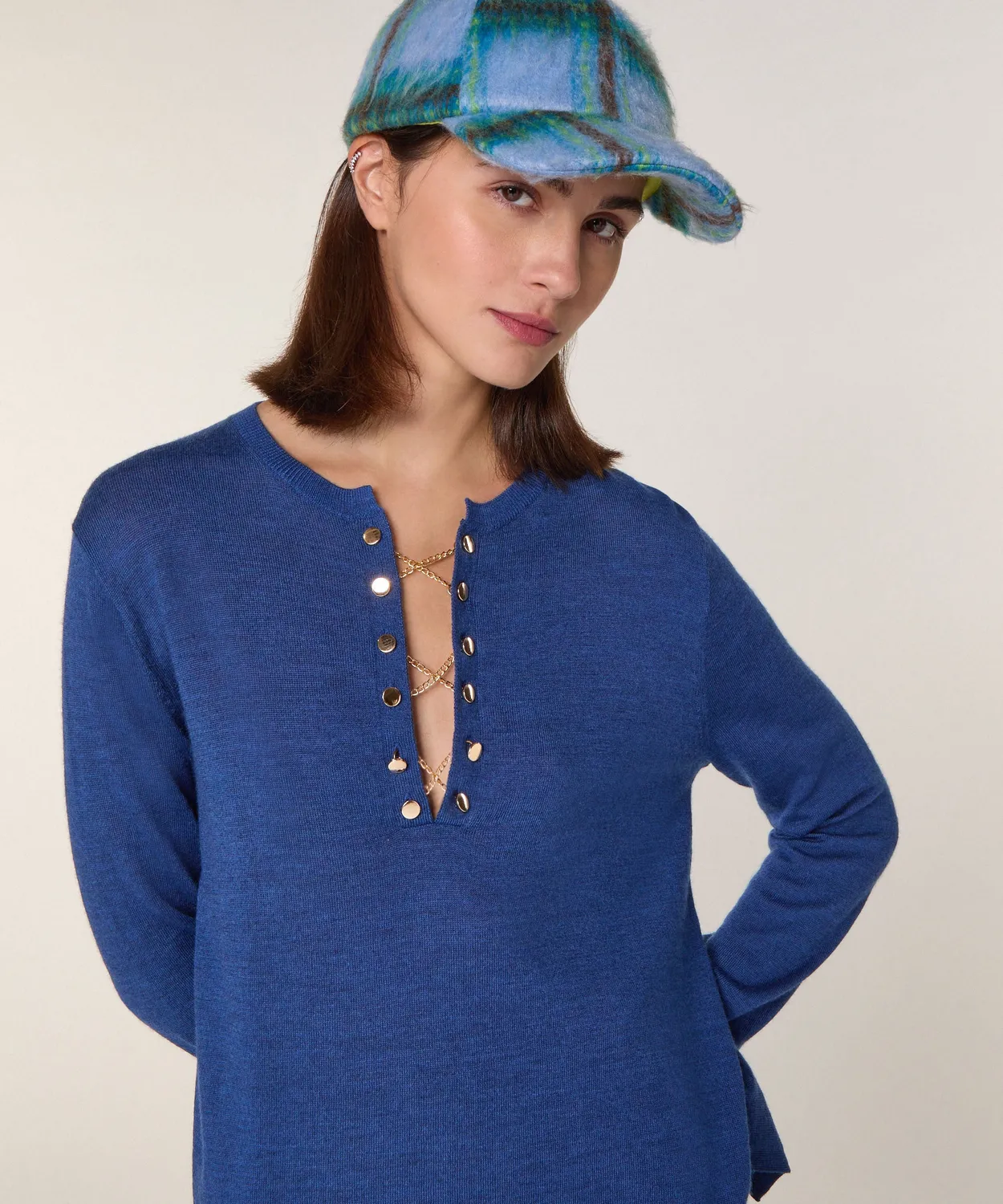 Rodier maglione collo tunisino merino blu zaffiro lana