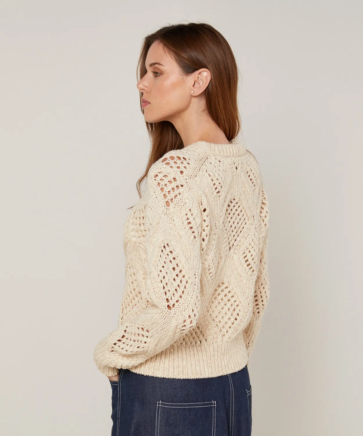 Rodier Maglia Traforata Maglione Avorio Cotone Lana