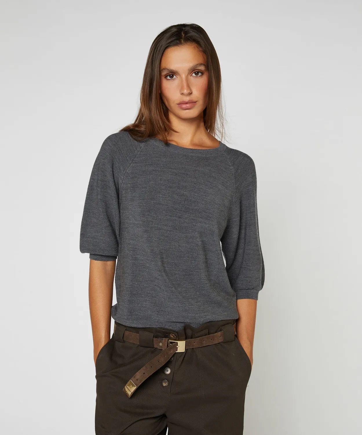 Rodier maglione merino girocollo grigio scuro maniche 3/4