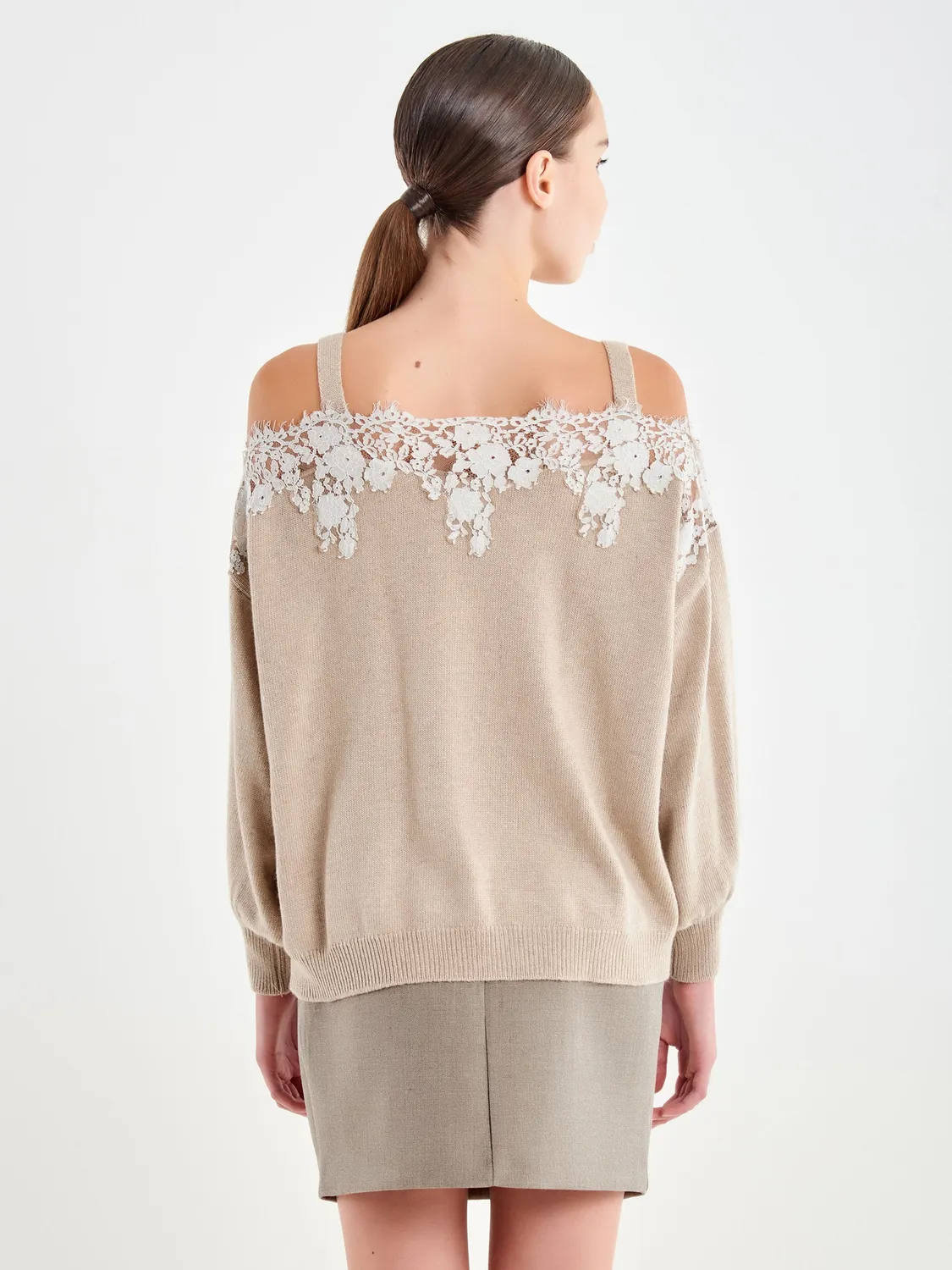 Vicolo Maglia Spalline Pizzo beige maniche lunghe taglia unica