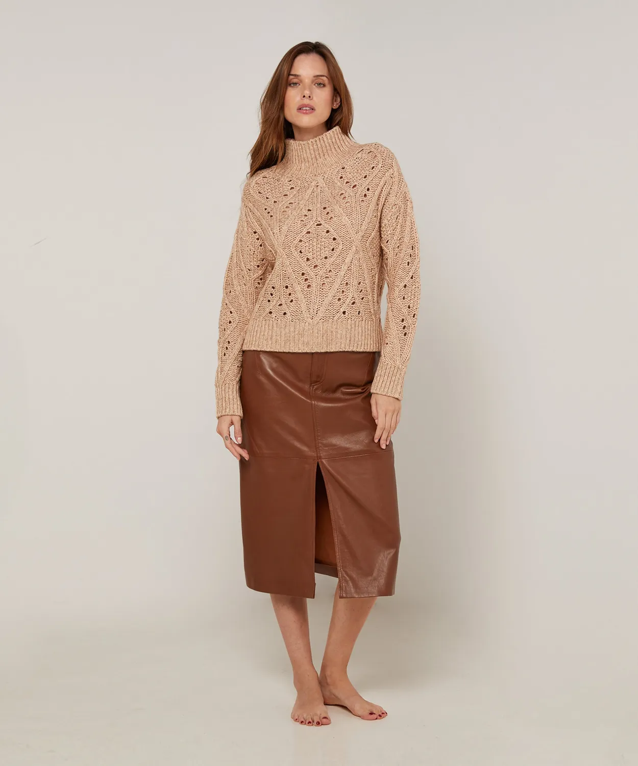 Rodier Maglia Collo Alto Traforato Cotone Lana Beige Ficelle