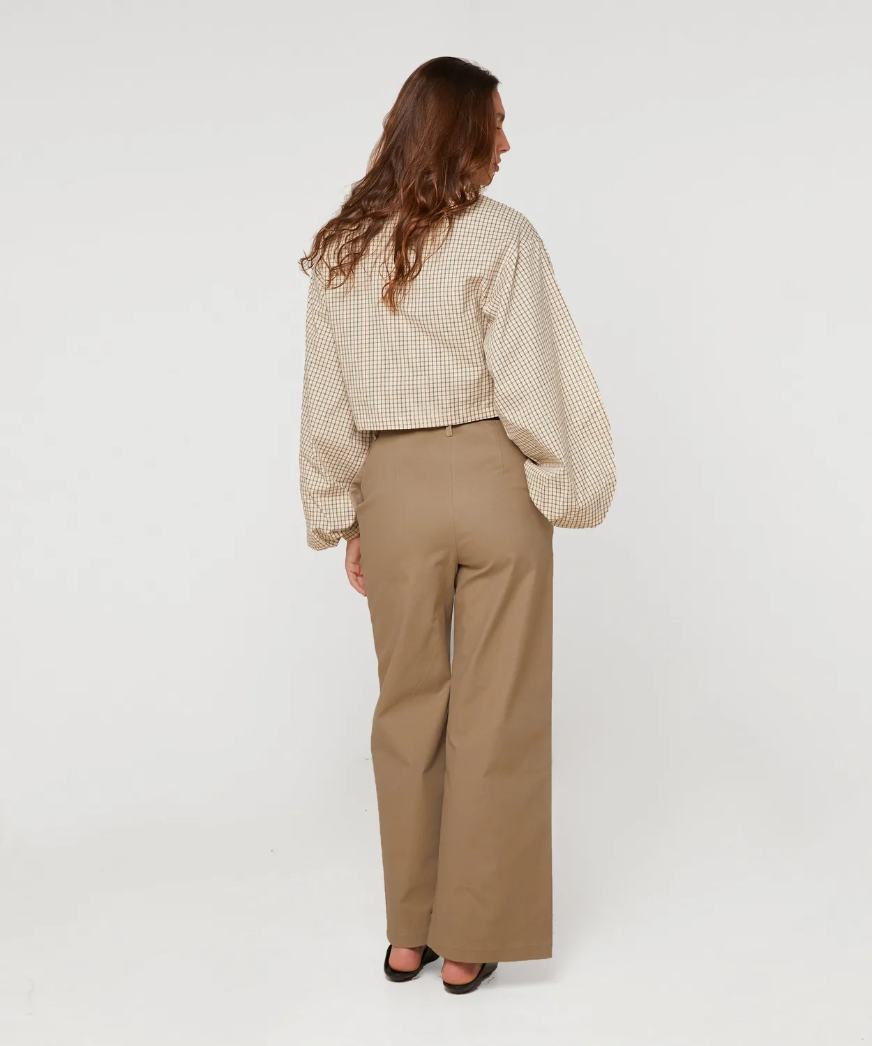Rodier camicia corta quadri beige maniche sbuffo