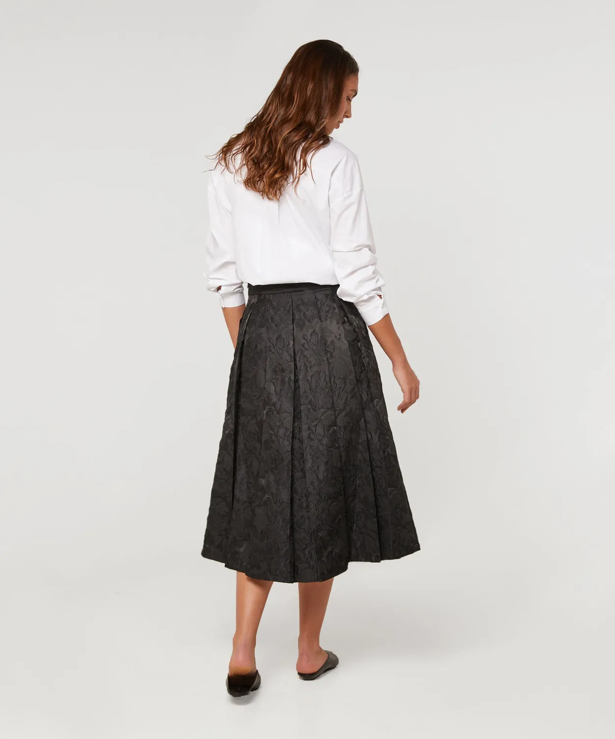 Rodier gonna svasata midi nera broccato floreale
