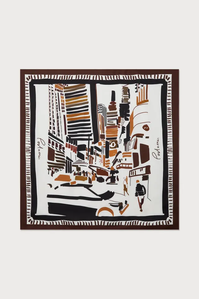 PORTS New York foulard seta marrone stampa city