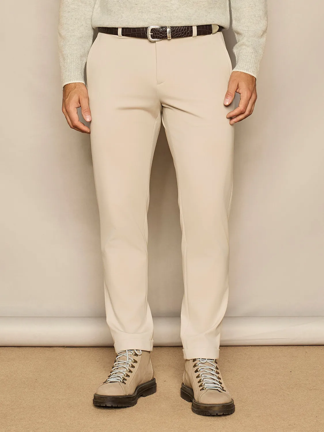 Paul Taylor Leisure Fit pantalone jersey beige con risvolto