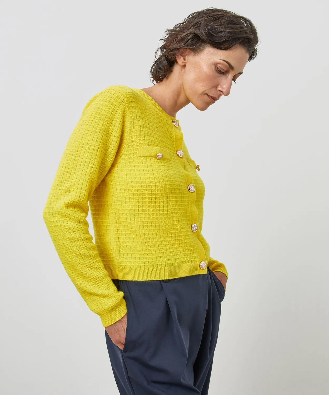 Rodier Gilet Corto Cashmere Giallo Cardigan Donna Bottoni