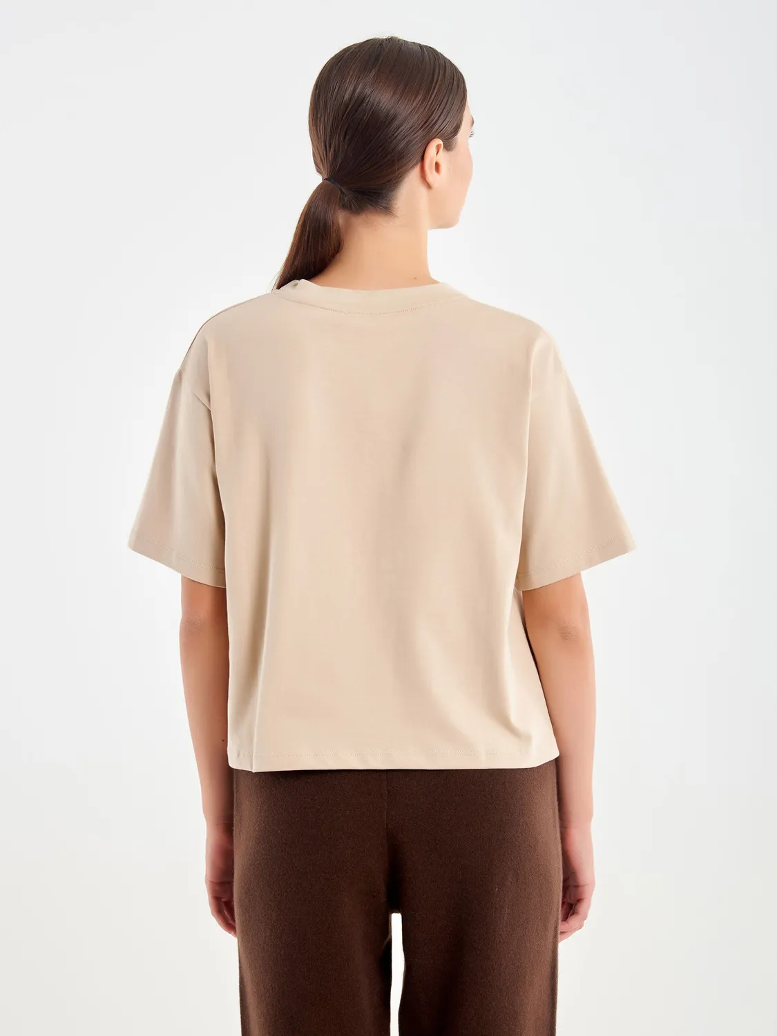 Vicolo T-Shirt Cropped beige ricamo jersey cotone taglia S