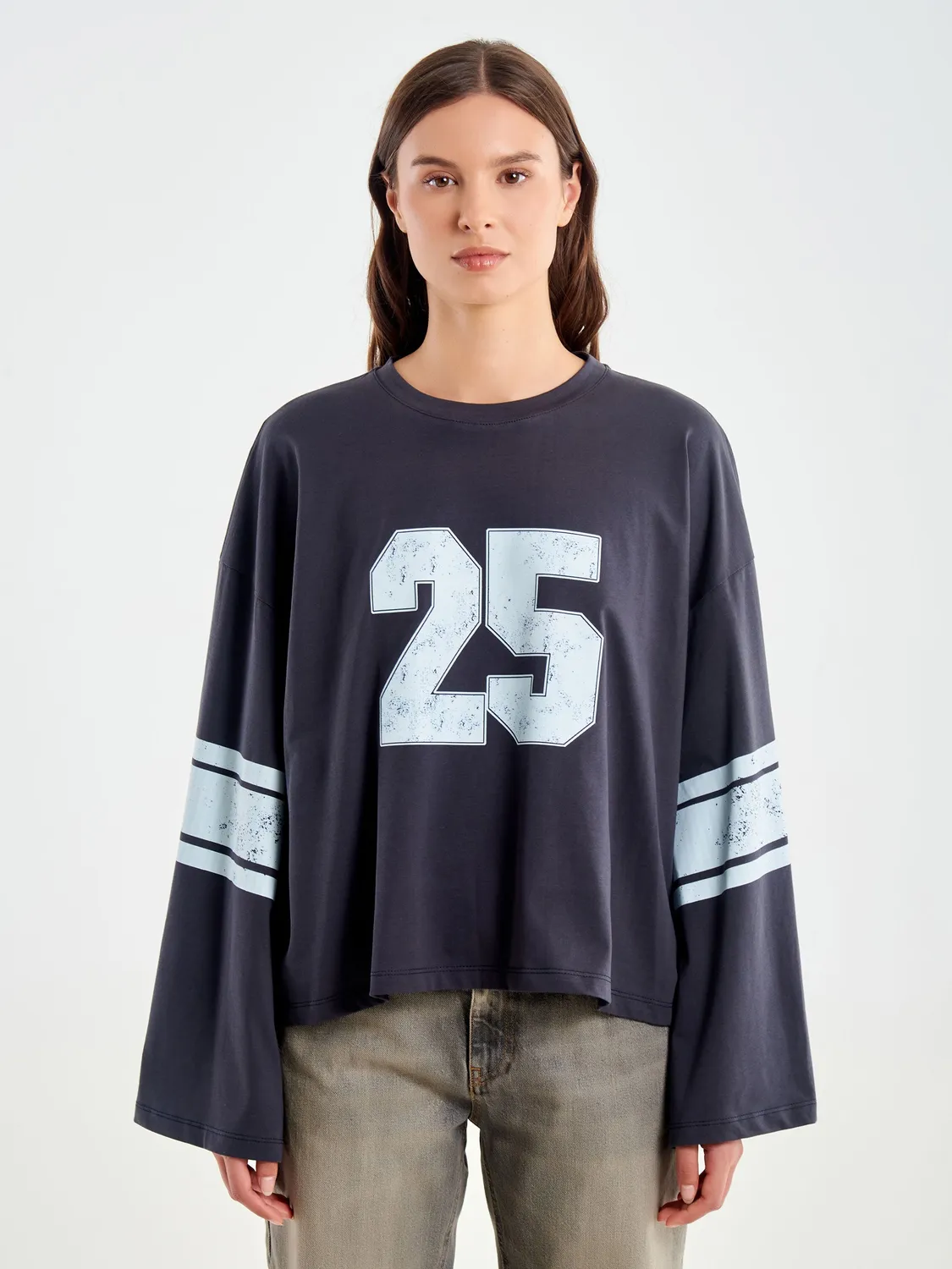 Vicolo T-shirt stampa college grigia maniche lunghe