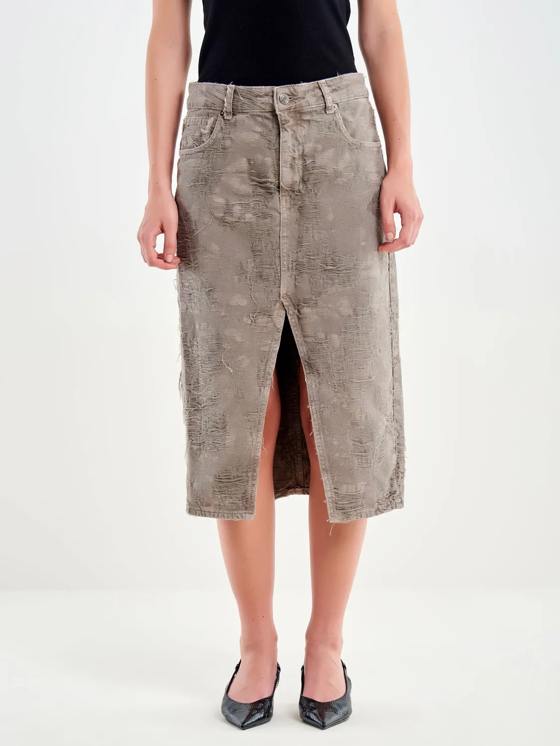 Vicolo Gonna midi denim grigio sfilacciato taglia S