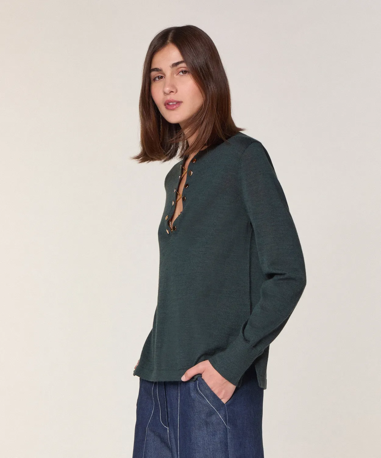 Rodier Maglione Tunisino Verde Grigio Lana Merino Oro